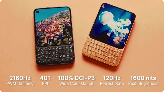 Unihertz Titan 2 Elite AMOLED ekran 120Hz yenileme hızı 1600 nit parlaklık 100 DCI-P3 renk gamı 401 PPI ekran özellikleri