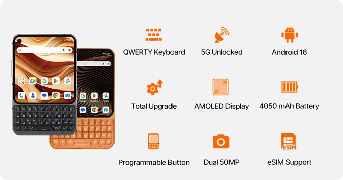 Unihertz Titan 2 Elite QWERTY klavye AMOLED ekran 5G Android 16 4050mAh batarya çift 50MP kamera eSIM destek özellikler görseli