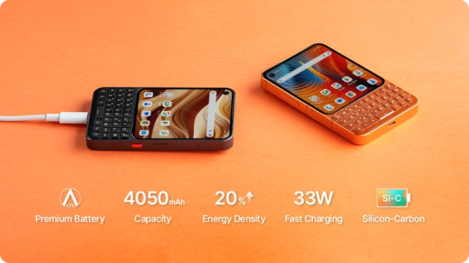 Unihertz Titan 2 Elite 4050mAh batarya 33W hızlı şarj silikon karbon pil enerji yoğunluğu şarj kullanım görseli
