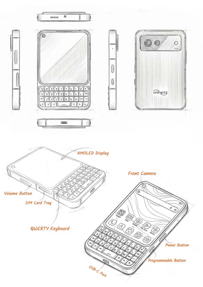 Unihertz Titan 2 Elite tasarım çizimi AMOLED ekran QWERTY klavye SIM kart yuvası USB-C port kamera ve fiziksel tuş yerleşim şeması