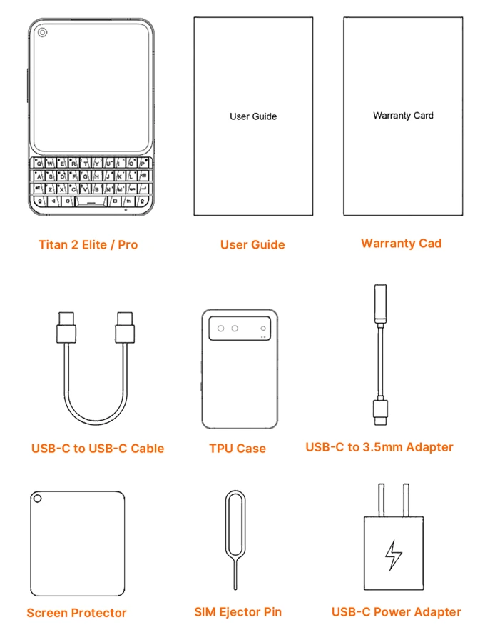Unihertz Titan 2 Elite kutu içeriği kullanıcı kılavuzu garanti kartı USB-C kablo TPU kılıf adaptör ekran koruyucu SIM iğnesi şarj adaptörü