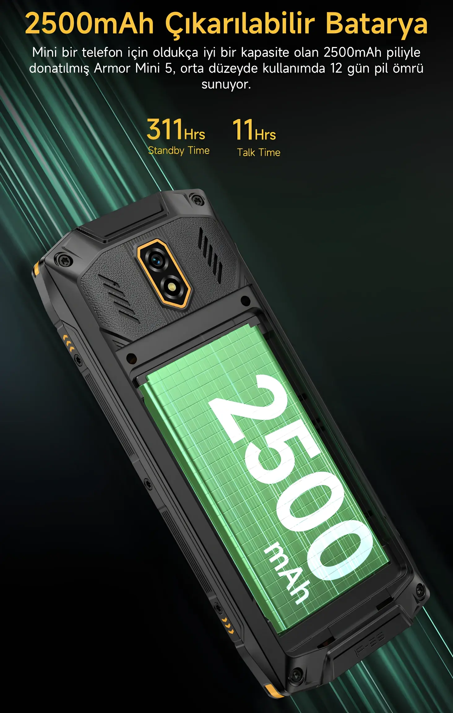 Ulefone Armor Mini 5 2500 mAh çıkarılabilir batarya tasarımı