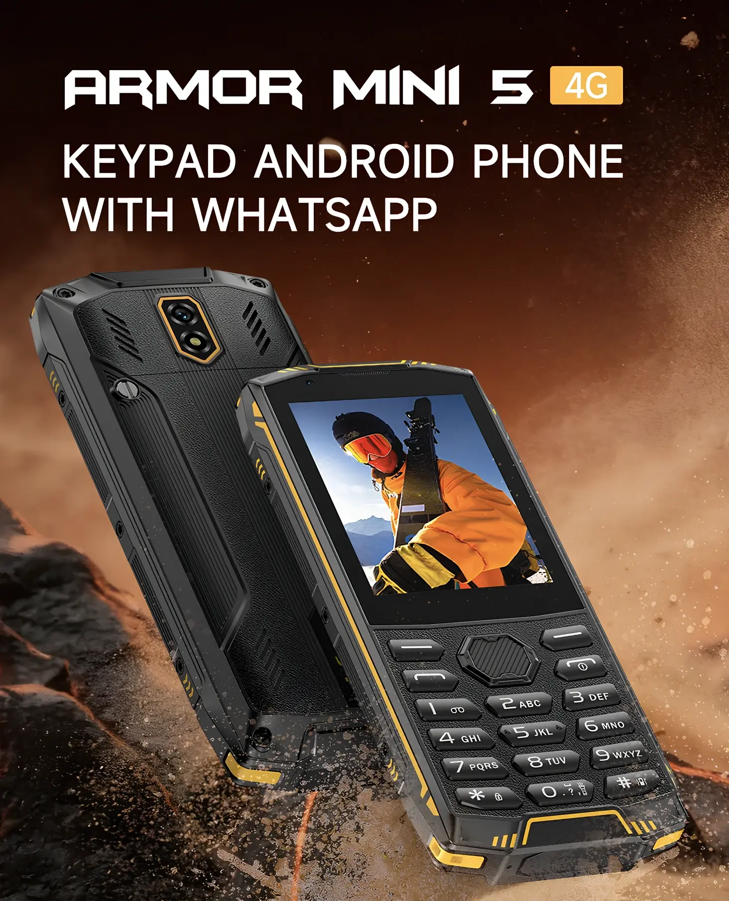 lefone Armor Mini 5 4G tuşlu Android telefon ön ve arka görünümü
