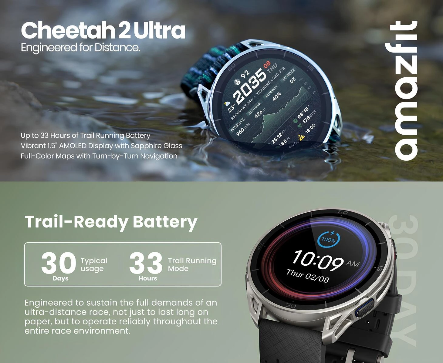 Amazfit Cheetah 2 Ultra uzun pil ömrü, Trail Running performansı ve safir camlı AMOLED ekran özelliklerini gösteren tanıtım görseli.