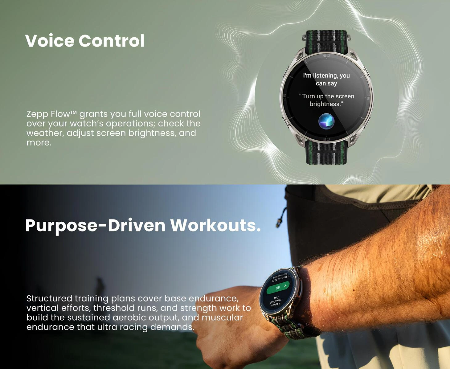 Amazfit Balance Ultra, Zepp Flow sesli kontrol ve hedef odaklı antrenman planları sunar.