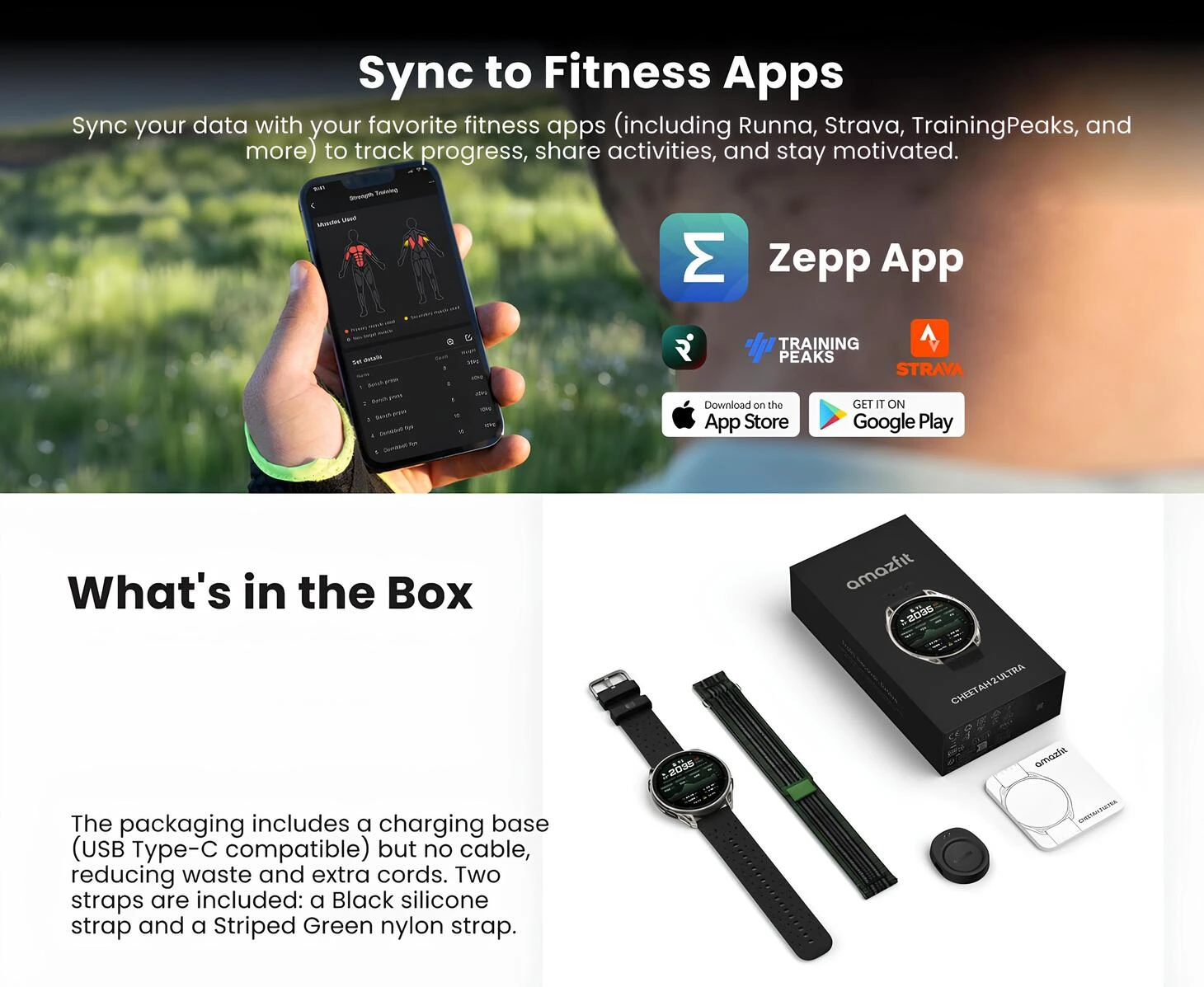 Amazfit Balance Ultra, fitness uygulamalarıyla senkronizasyon ve zengin kutu içeriği sunar.