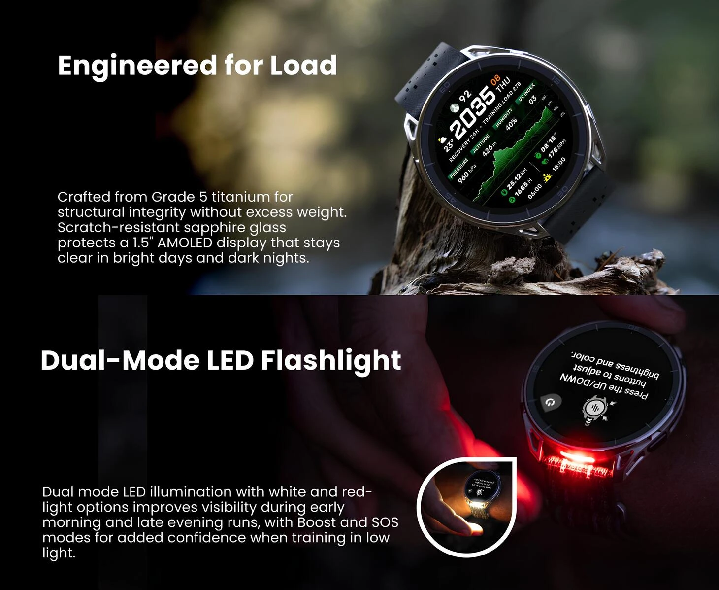 Amazfit Cheetah 2 Ultra 5. sınıf titanyum gövde, safir cam AMOLED ekran ve çift modlu LED el feneri özellikleri.
