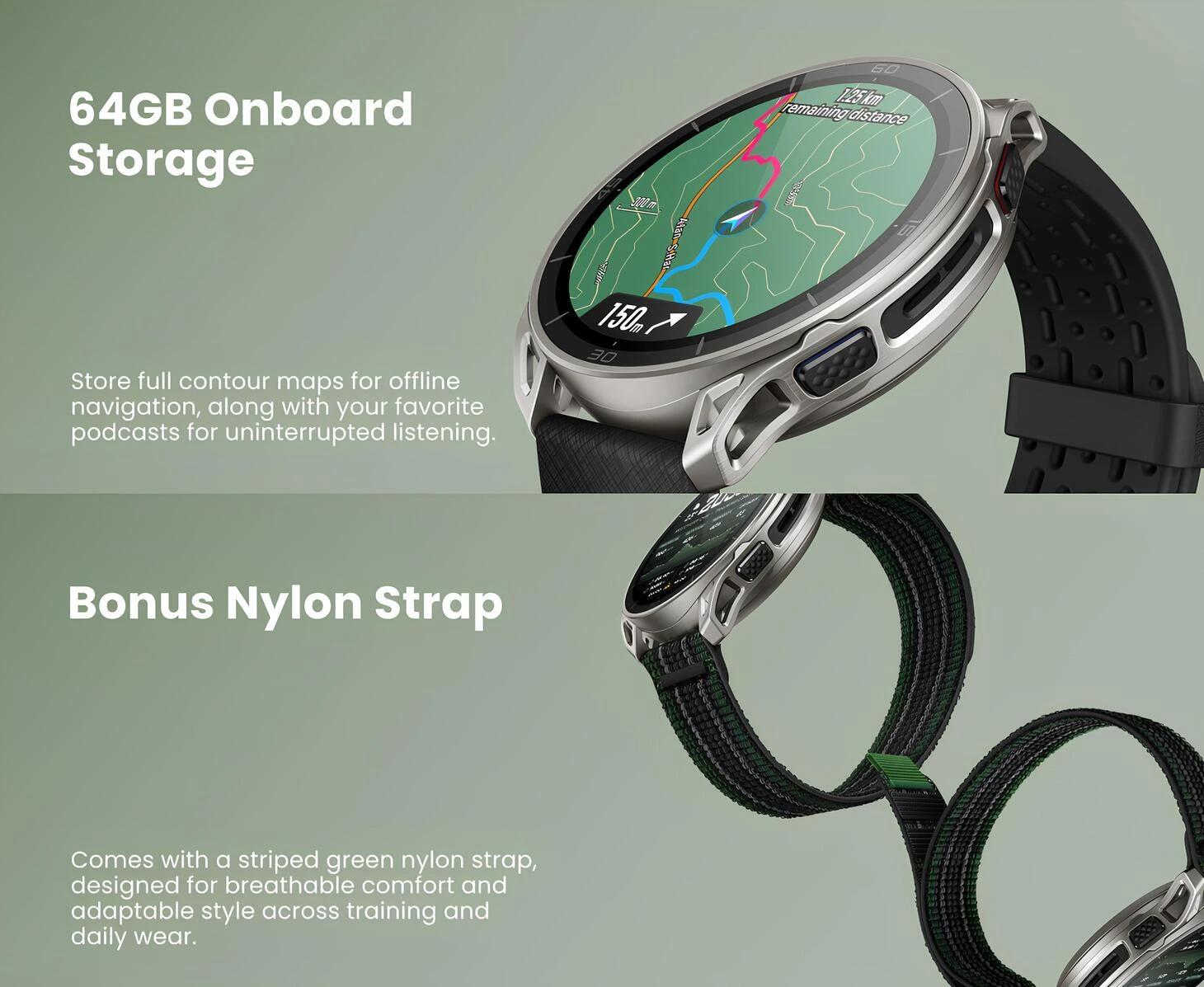Amazfit Cheetah 2 Ultra 64 GB dahili depolama ve hediye naylon kordon özellikleri.