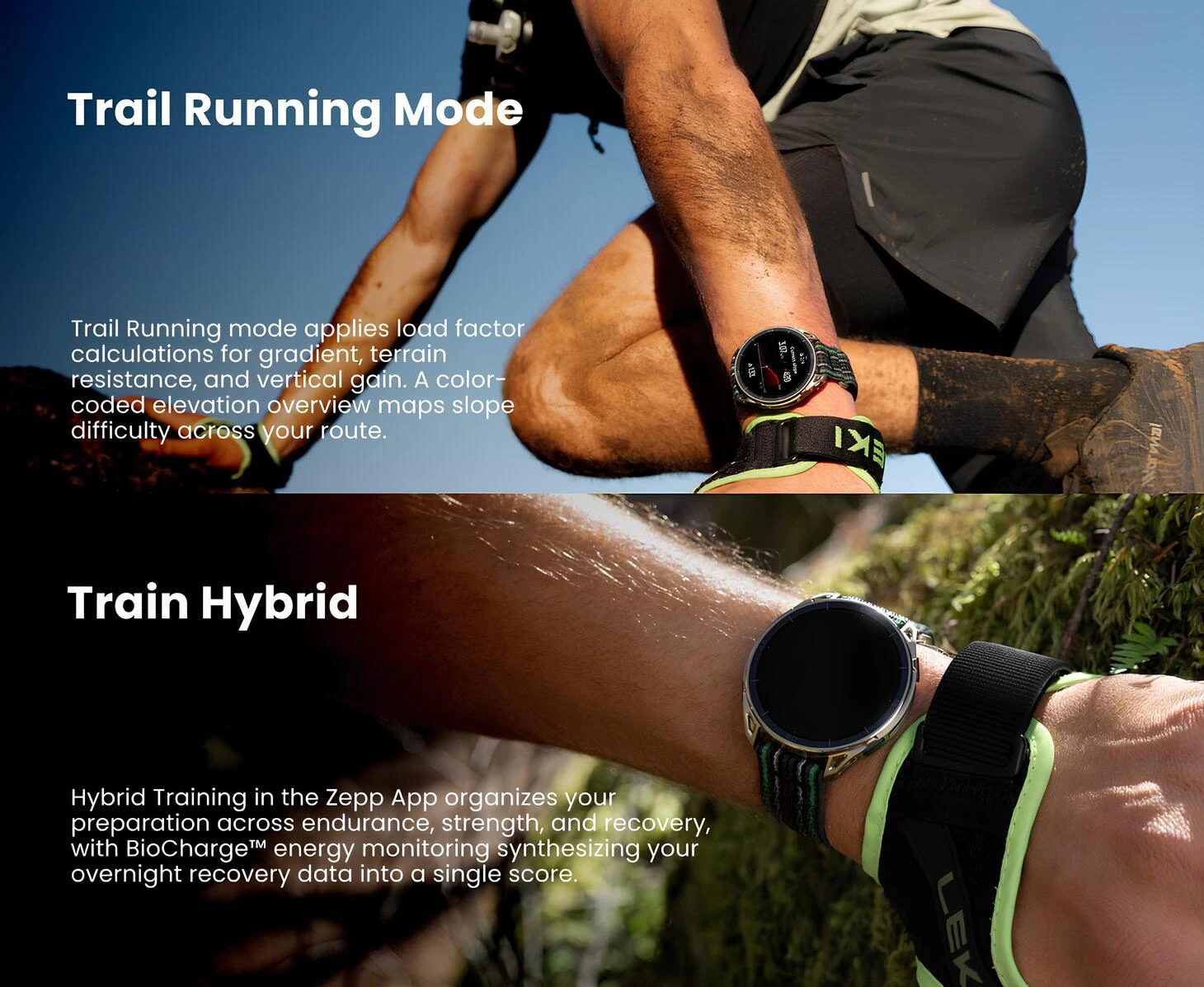 Amazfit Cheetah 2 Ultra Trail Running modu, Hybrid Train antrenman sistemi ve BioCharge özellikleri.
