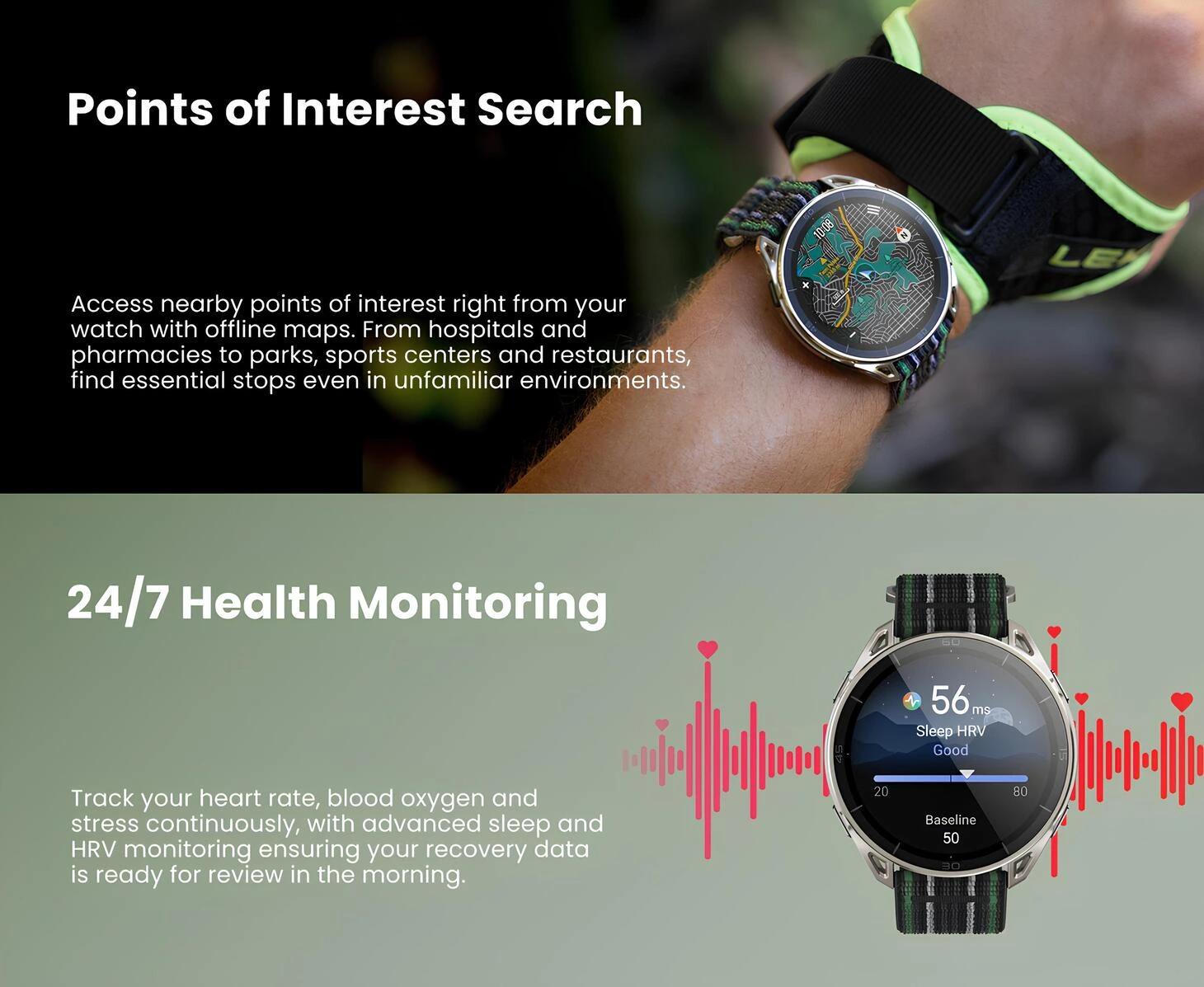 Amazfit Balance Ultra, çevrimdışı POI arama ile 7/24 sağlık ve HRV takibi sunar.