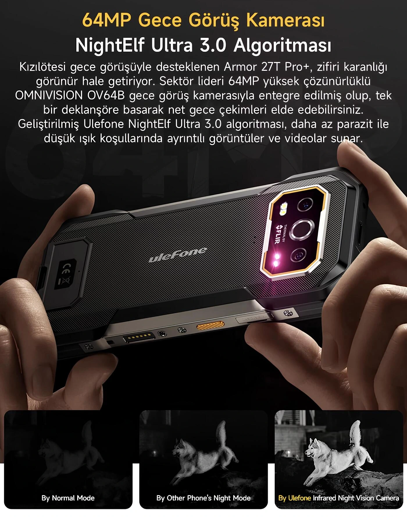 Ulefone Armor 27T Pro Plus 64MP Gece Görüş Kamerası ve NightElf Ultra 3.0 algoritması tanıtım afişi
