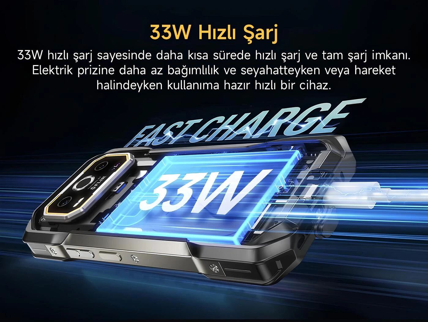 Ulefone Armor 27T Pro Plus 33W hızlı şarj desteği ve batarya mimarisi teknik afişi