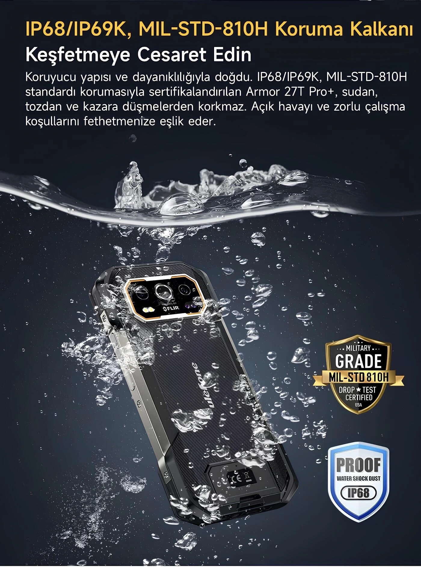 Ulefone Armor 27T Pro Plus su altı testinde IP68 ve MIL-STD-810H askeri dayanıklılık afişi