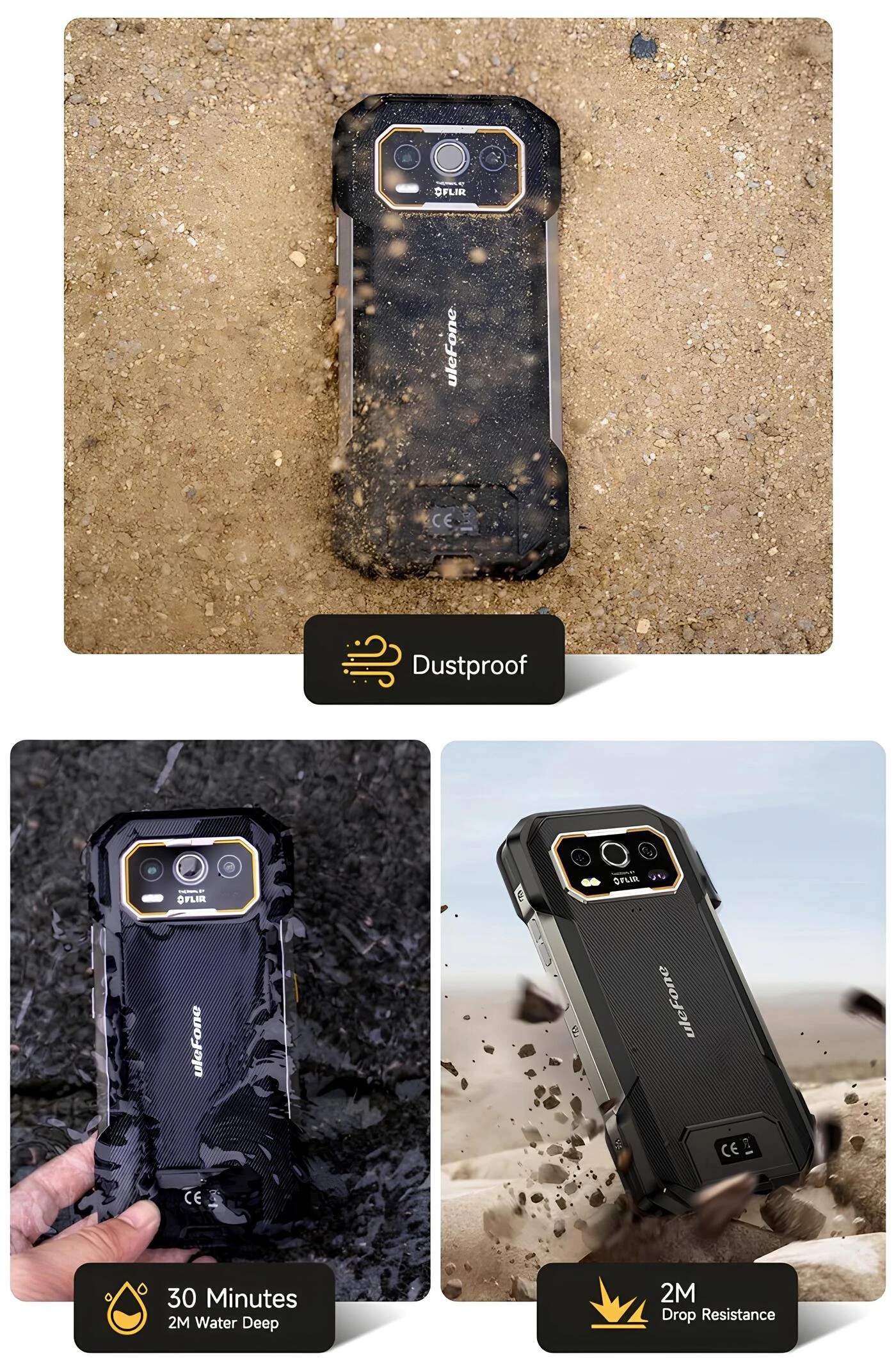 Ulefone Armor 27T Pro Plus toz geçirmezlik, 2 metre derinlikte 30 dakika su altı dayanıklılığı ve 2 metre düşme direnci test aşamaları bilgi grafiği