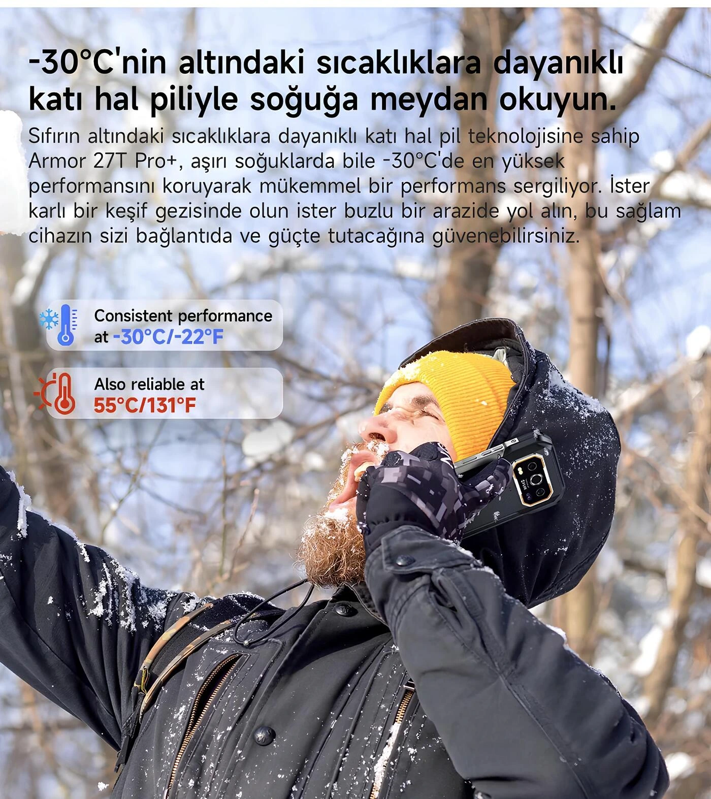 Ulefone Armor 27T Pro Plus karlı havada katı hal pil teknolojisiyle -30°C ve 55°C arası ekstrem sıcaklık dayanıklılık afişi