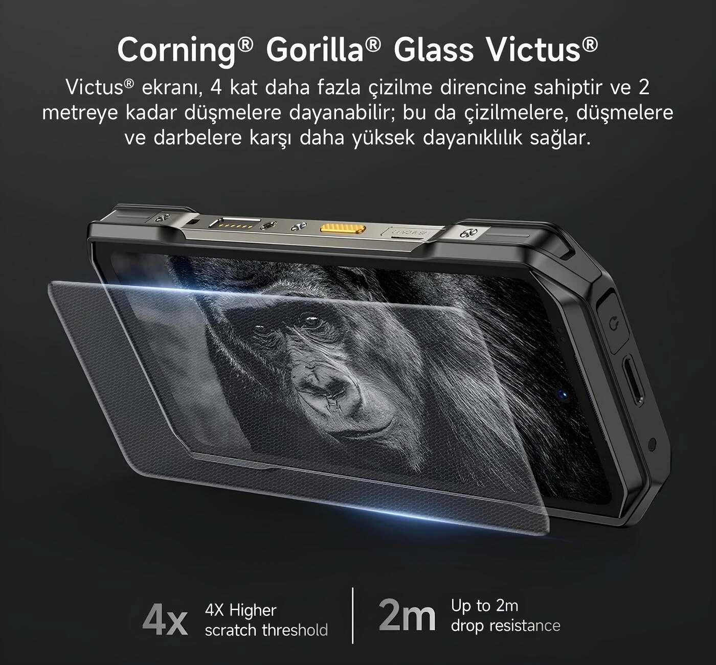 Ulefone Armor 27T Pro Plus Corning Gorilla Glass Victus ekran koruma teknolojisi ve darbe dayanıklılığı teknik afişi