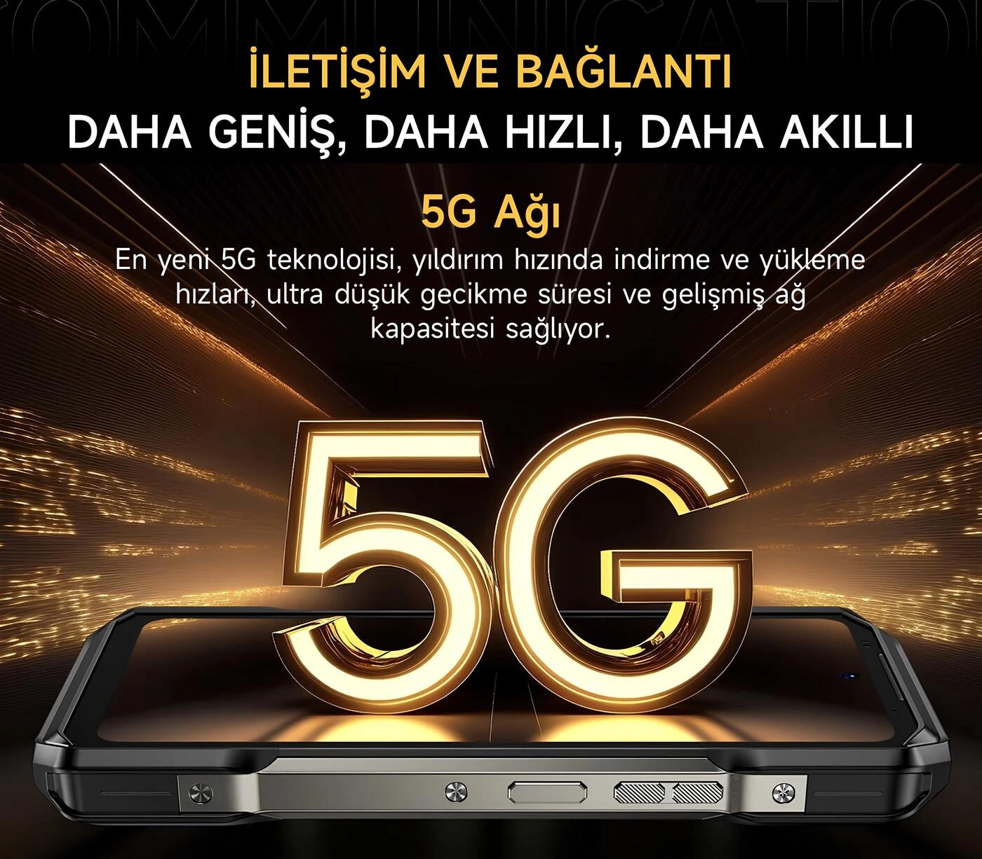 Ulefone Armor 27T Pro Plus yıldırım hızında indirme ve yükleme performansı sunan 5G ağ bağlantısı teknolojisi tanıtım afişi