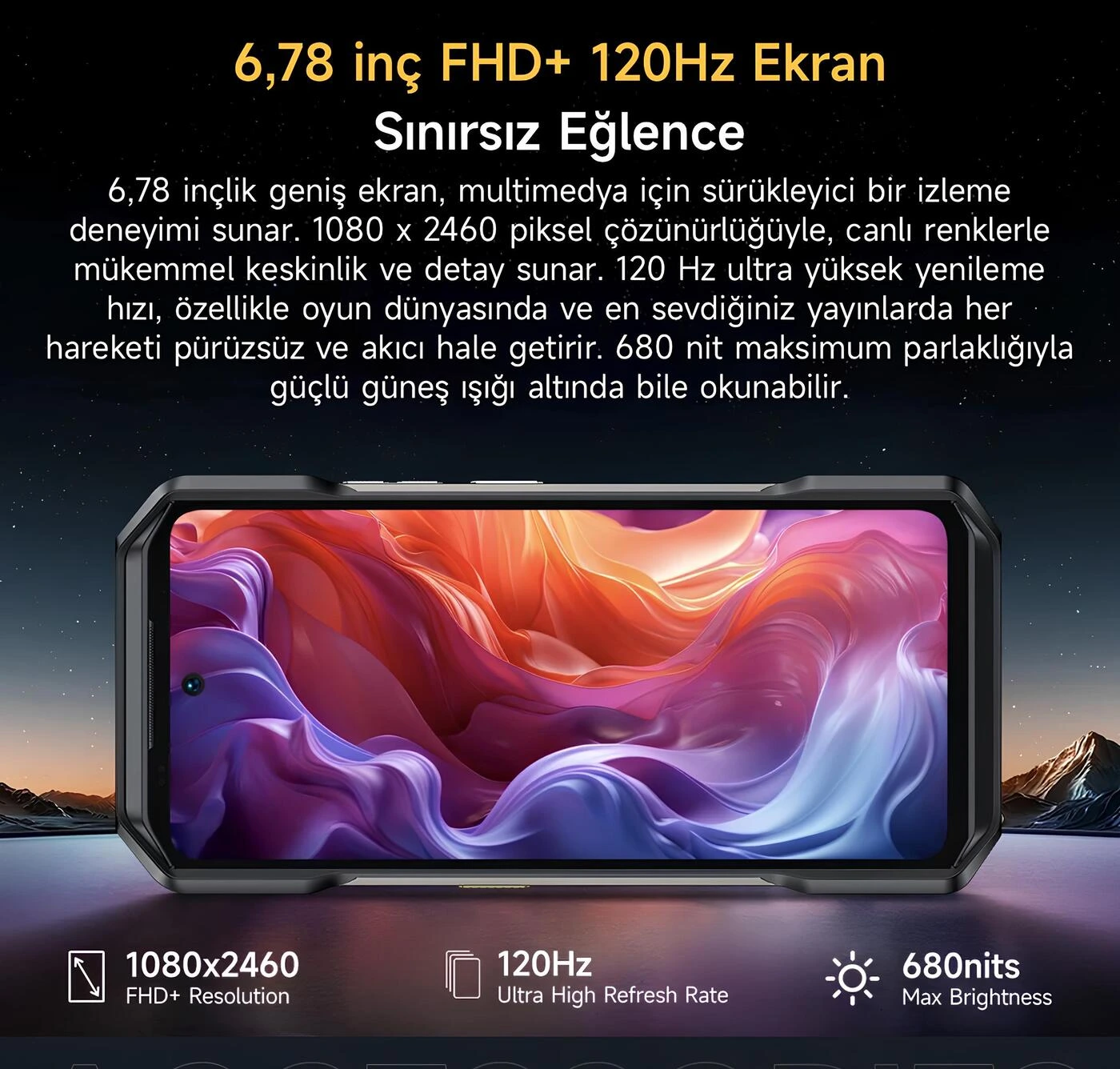 Ulefone Armor 27T Pro Plus 6,78 inç FHD+ 120Hz yenileme hızı ve 680 nit maksimum parlaklık sunan ekran özellikleri tanıtım afişi