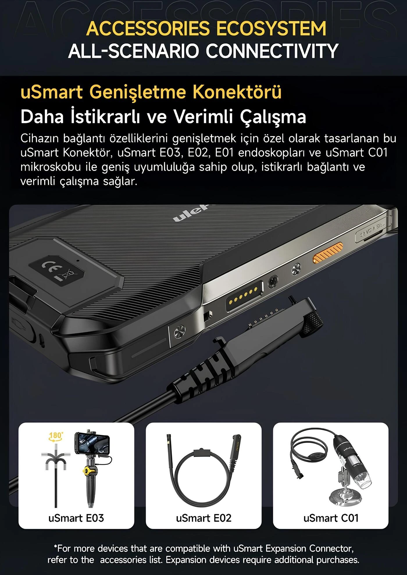 ulefone-armor-27t-pro-plus-teknobincom-1153 (26).webp: Ulefone Armor 27T Pro Plus endoskopi ve mikroskopi cihazları bağlantısı sağlayan uSmart Genişletme Konektörü ile uSmart E03, E02 ve C01 aksesuar ekosistemi tanıtım afişi