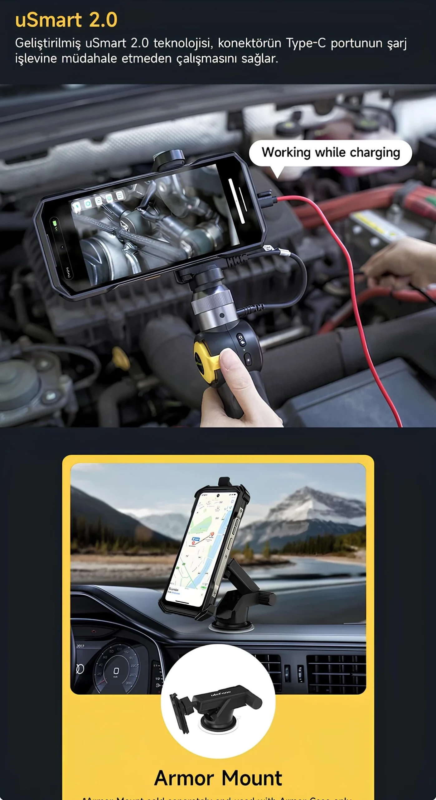 Ulefone Armor 27T Pro Plus şarj esnasında uSmart 2.0 endoskopik kamera ile araç motor blok analizi ve Armor Mount araç içi vantuzlu stand kullanım alanı görseli