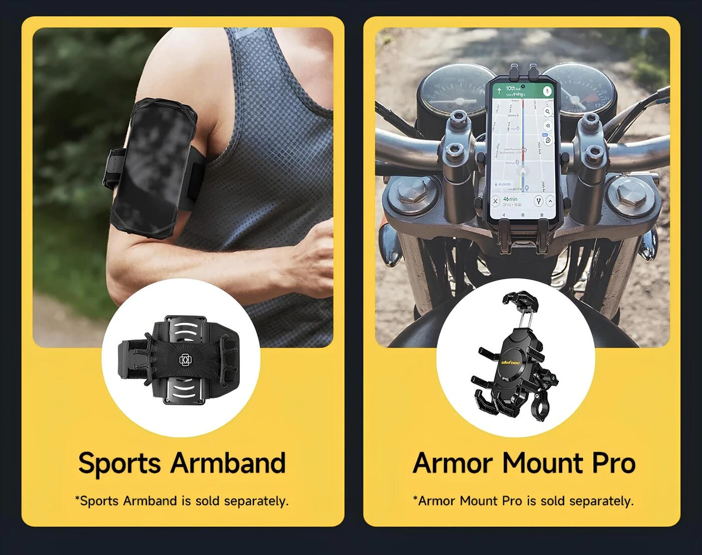 ulefone-armor-27t-pro-plus-teknobincom-1153 (28).webp: Ulefone Armor 27T Pro Plus spor aktiviteleri için Sports Armband kol bandı ve motosiklet/bisiklet kullanımı için Armor Mount Pro gidon standı aksesuar ekosistemi tanıtım afişi