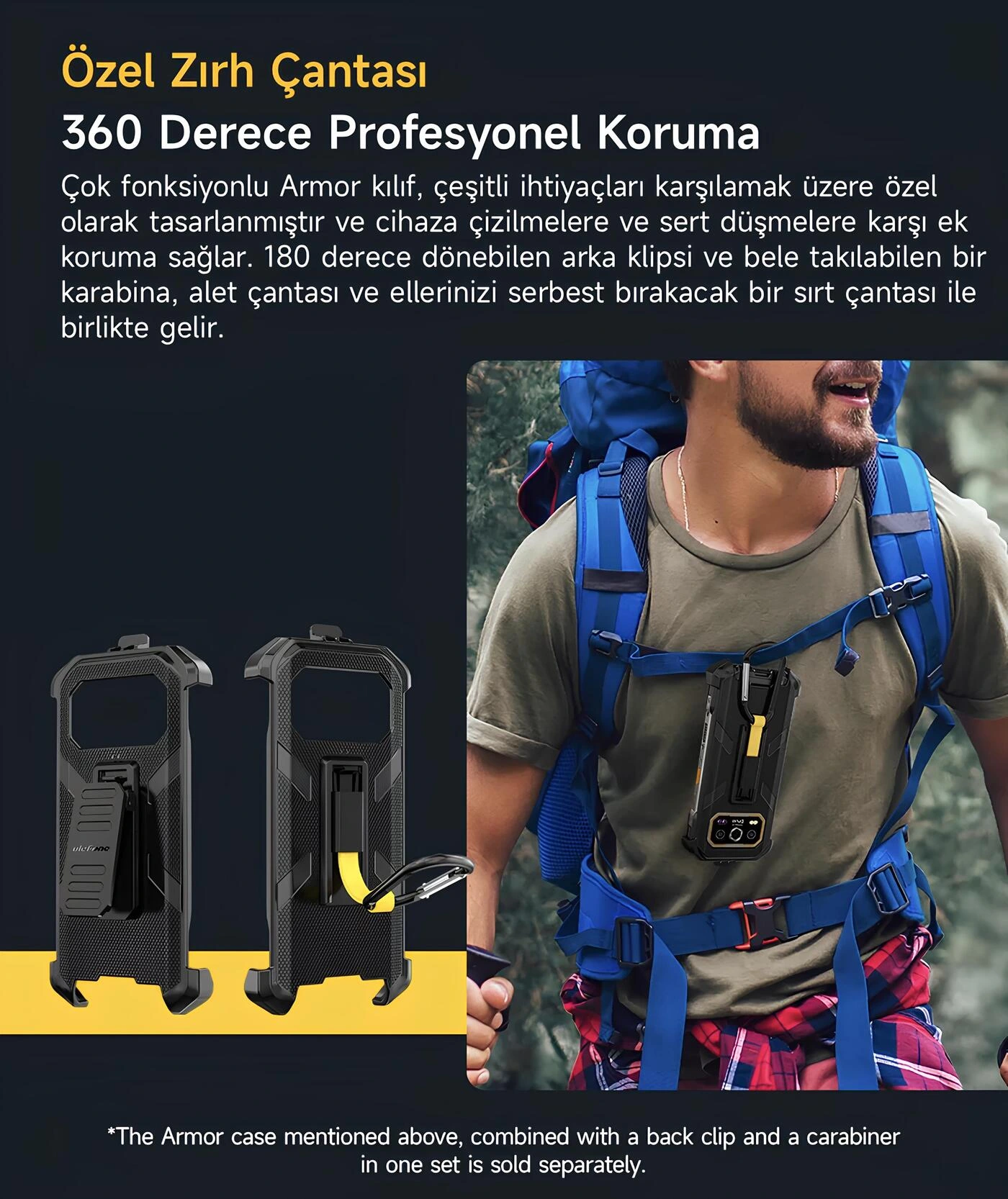 Ulefone Armor 27T Pro Plus 180 derece dönebilen arka klips ve karabina kancalı Özel Zırh Çantası (Armor Case) 360 derece profesyonel koruma kılıfı tanıtım afişi