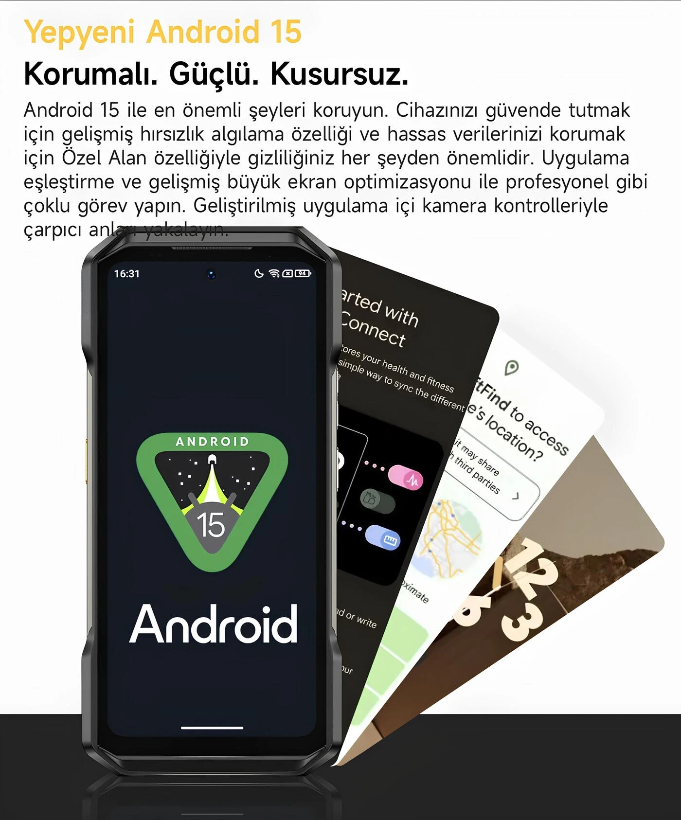 Ulefone Armor 27T Pro Plus gelişmiş hırsızlık algılama ve Özel Alan gizlilik odaklı Android 15 işletim sistemi kullanıcı arayüzü tanıtım afişi