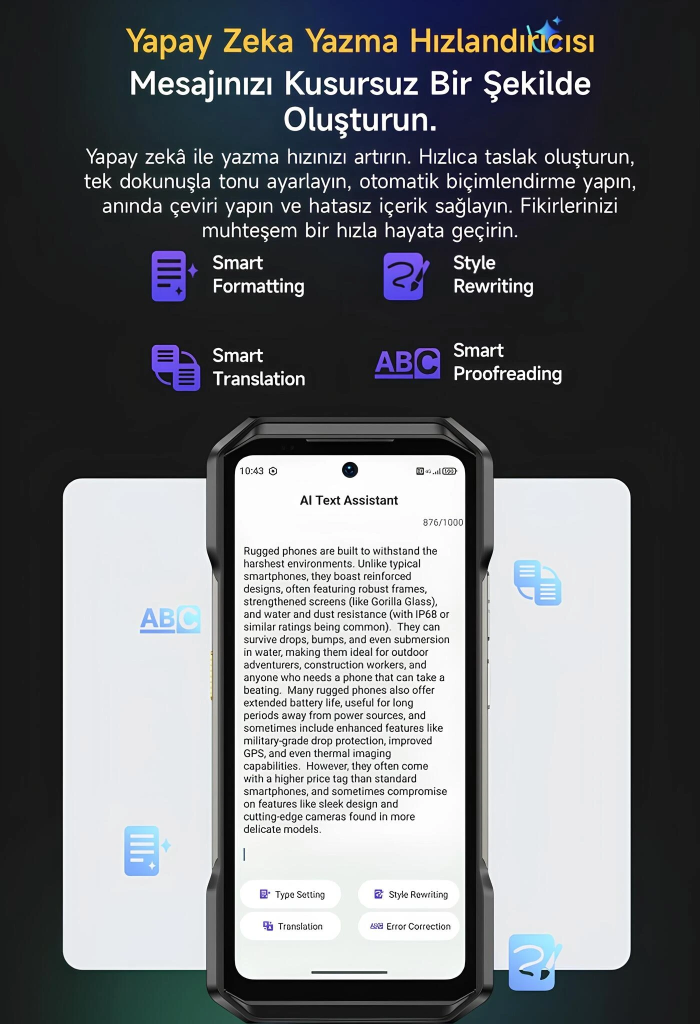 Ulefone Armor 27T Pro Plus otomatik biçimlendirme, ton ayarlama, çeviri ve düzeltme sunan Yapay Zeka Yazma Hızlandırıcısı (AI Text Assistant) teknik veri grafiği