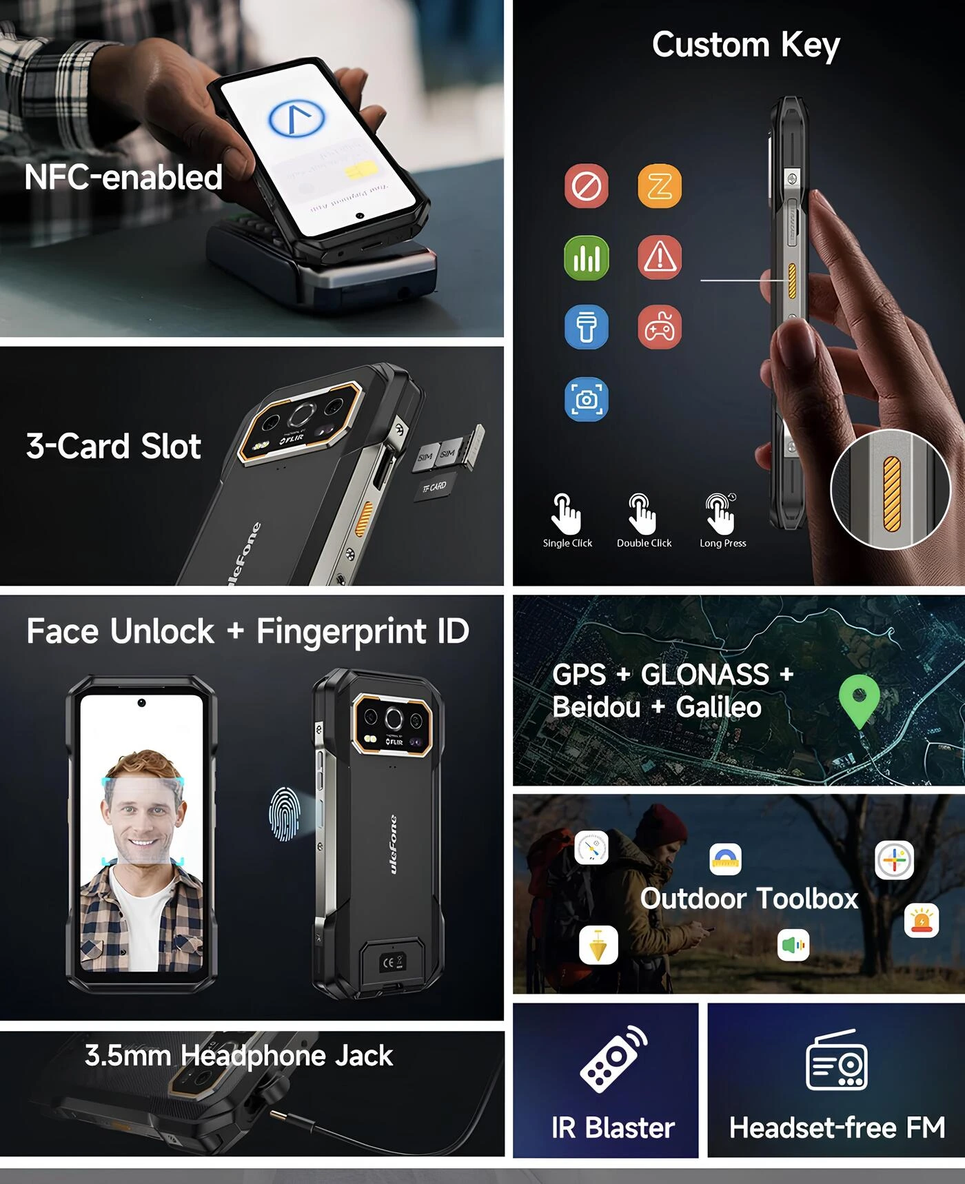 Cihazın NFC, Custom Key, 3'lü kart yuvası ve çoklu GPS gibi donanım özellikleri afişi.