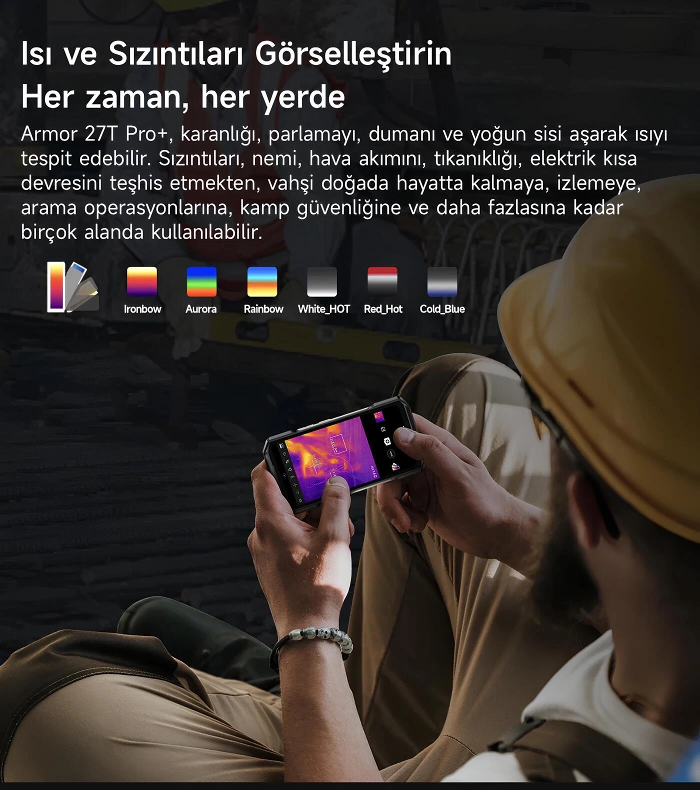 Ulefone Armor 27T Pro Plus şantiyede termal sızıntı analizi yapan teknik personel