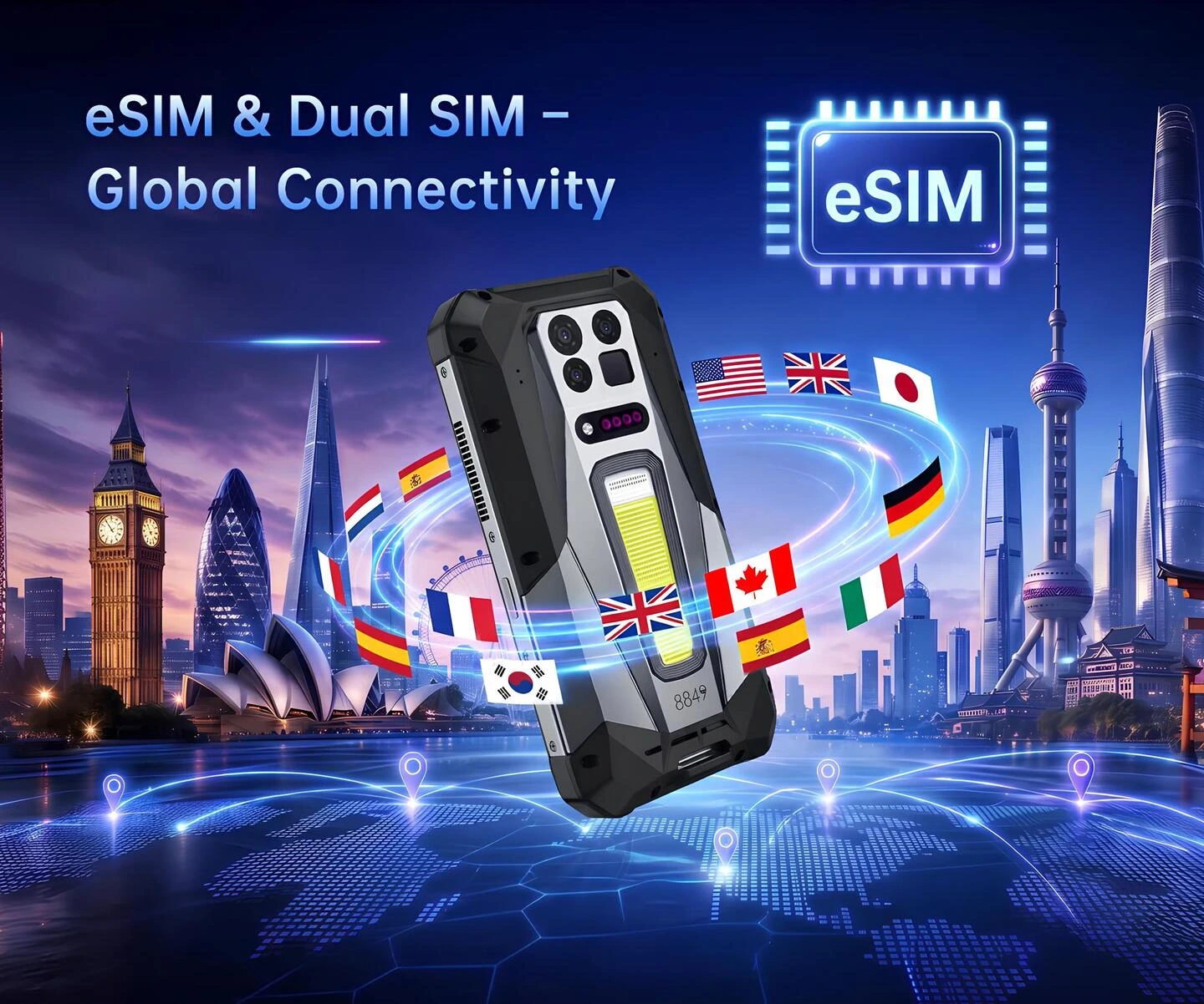 8849 Tank 5 Pro eSIM ve Çift Nano SIM destekli küresel hücresel bağlantı mimarisi